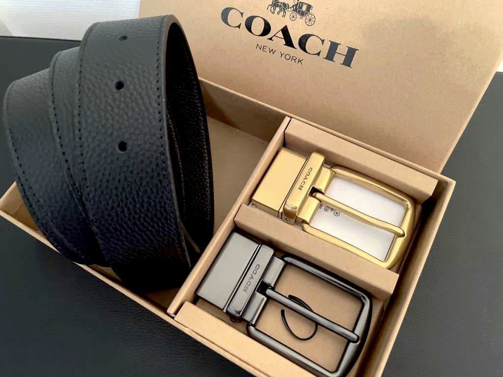 新品正規品コーチCOACH 3点セット ペブルレザーリバーシブル/カット調節可能 フリーサイズベルト ( 黒×茶 )専用ギフト箱付き_画像1