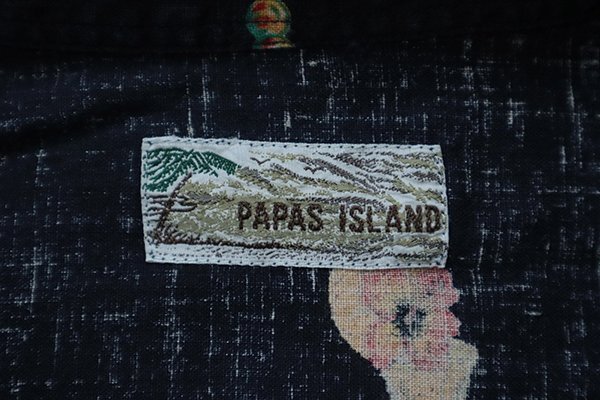 PAPAS ISLAND ◆ リネン 総柄 アロハシャツ Lサイズ ネイビー 開襟 オープンカラー *カクテル柄 日本製 パパス ◆82/G037_画像5