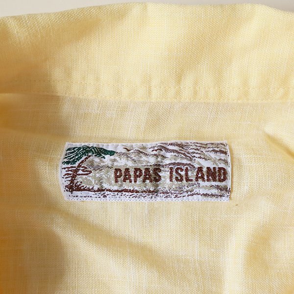PAPAS ISLAND ◆ リネン ヤシ柄 オープンカラー 半袖 シャツ Lサイズ イエロー 開襟 アロハシャツ 日本製 パパス ◆126/G038_画像5