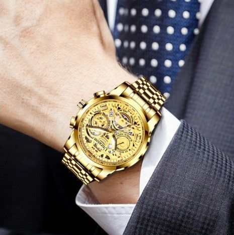 ラグジュアリーメンズ腕時計クォーツ電池式ゴールド　デイト　高品質　金