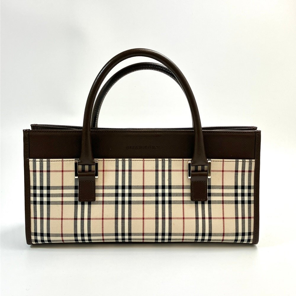 A) BURBERRY バーバリー ノバチェック柄 × ブラウン系 レザー 横長 ハンドバッグ 中古 USED_画像1