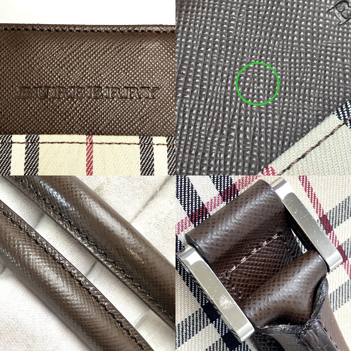 A) BURBERRY バーバリー ノバチェック柄 × ブラウン系 レザー 横長 ハンドバッグ 中古 USED_画像4