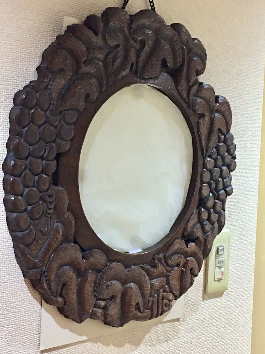ヴィンテージ ウォールミラー 手彫り 木彫 鏡 葡萄図柄 彫刻 木工 工芸品 手作り 壁掛け鏡 日本製の画像3