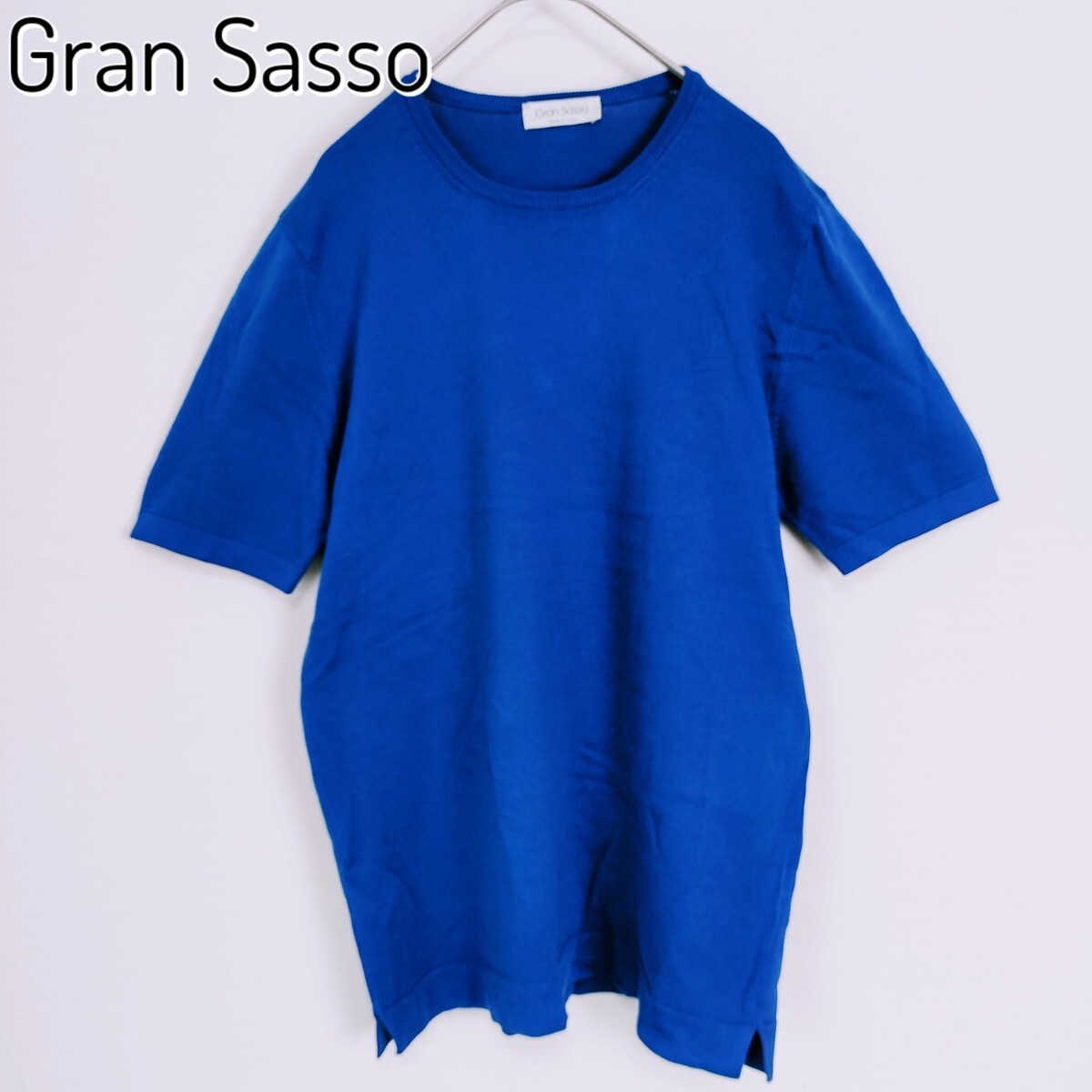 【イタリア製】Gran Sasso グランサッソ☆シンプルコットンTシャツ　Mサイズ相当　カットソー　Blue ブルー 青　サイドスリット　半袖_画像1