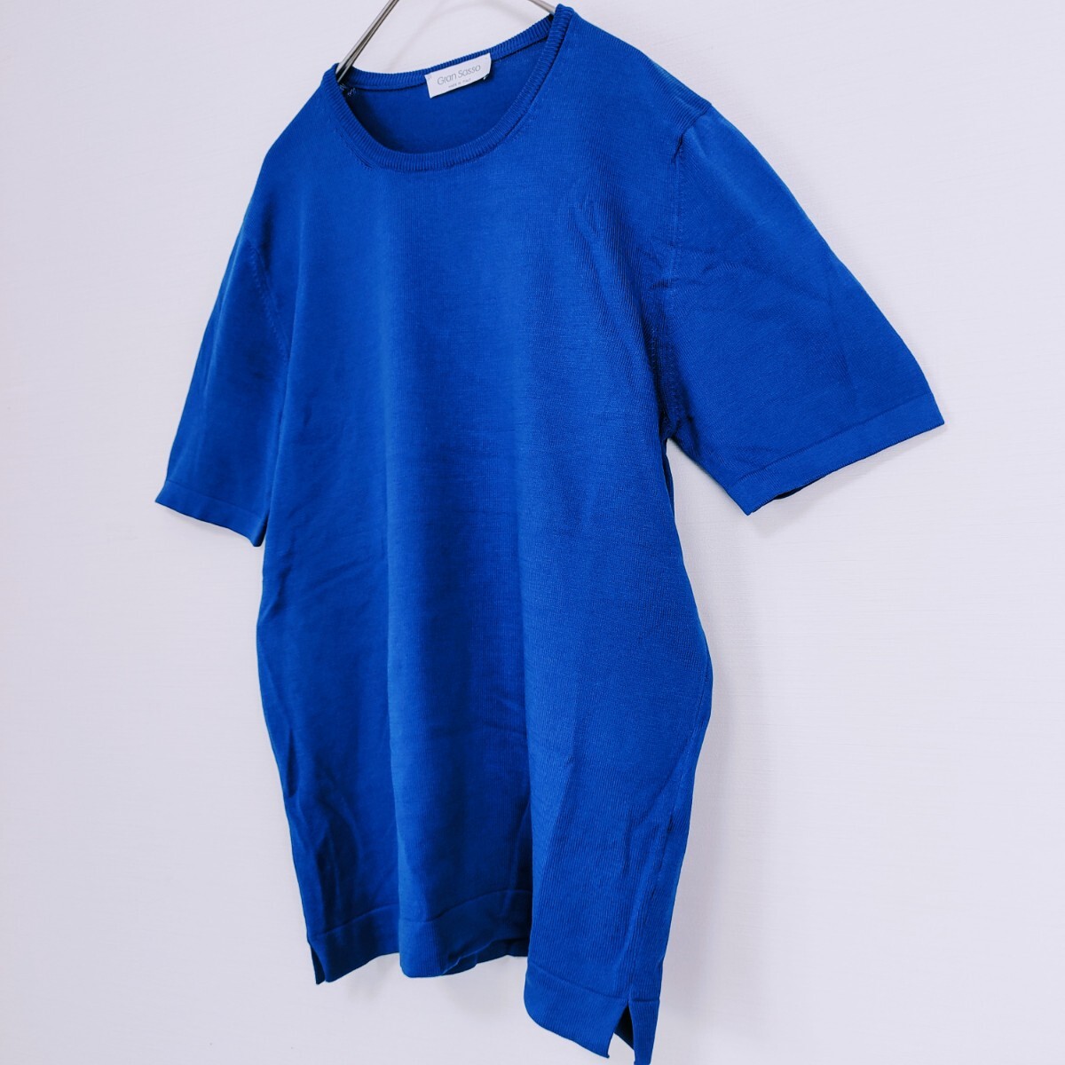 【イタリア製】Gran Sasso グランサッソ☆シンプルコットンTシャツ　Mサイズ相当　カットソー　Blue ブルー 青　サイドスリット　半袖_画像3