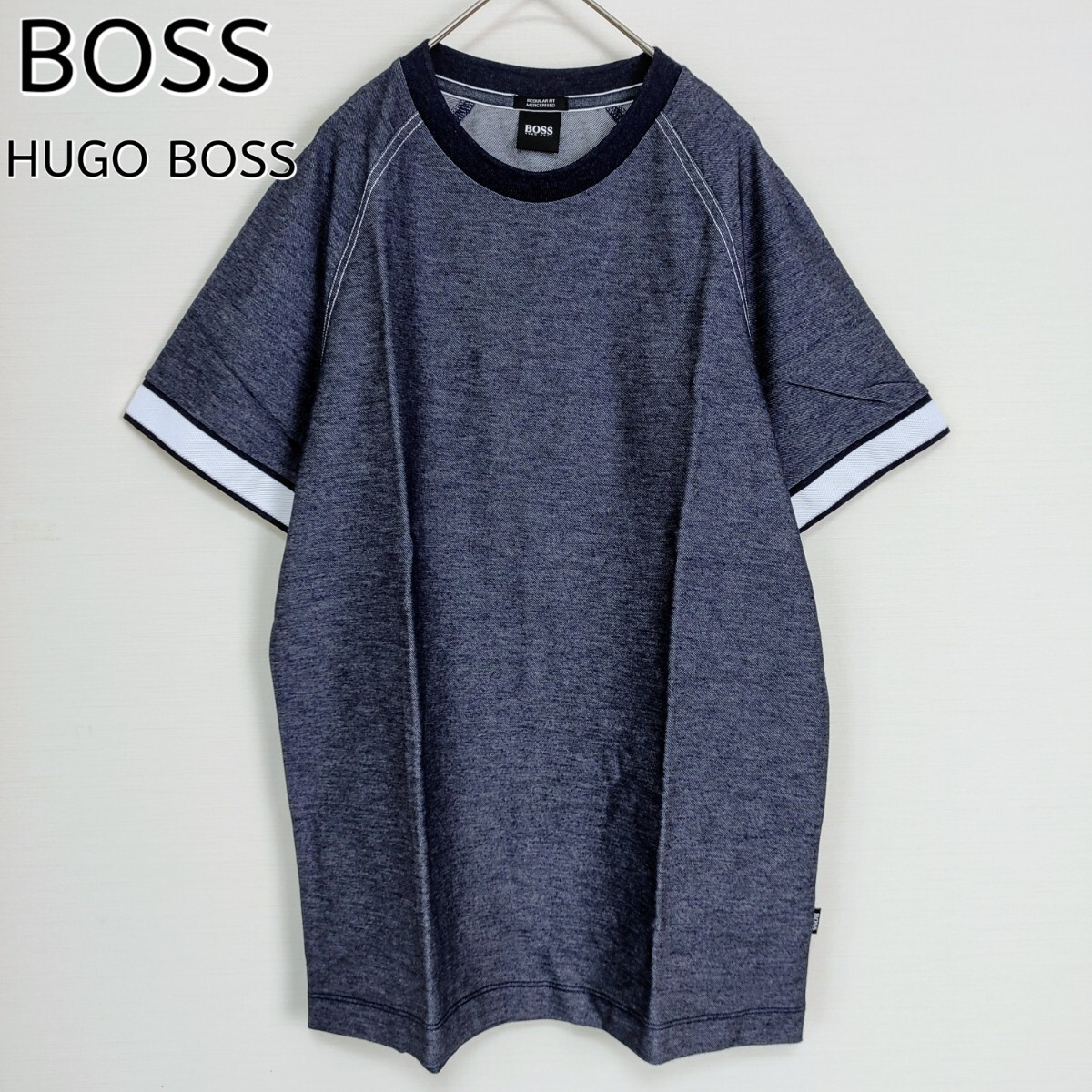 [ beautiful goods ]HUGO BOSS Hugo Boss * Lynn ga- T-shirt / cut and sewn navy Denim pattern bai color sleeve line short sleeves crew neck cotton 