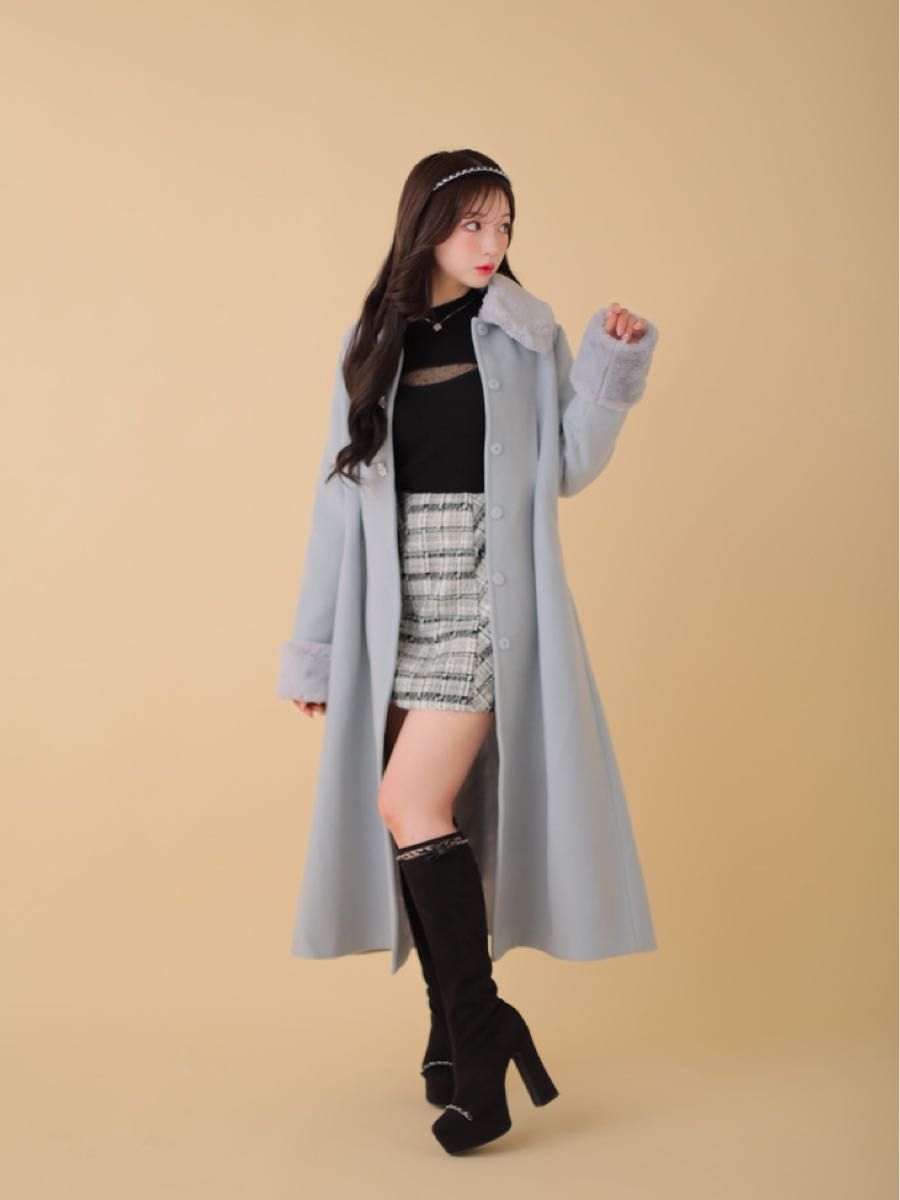 新品】e me eme(エムミーエメ) ファーロングコート ブルー 新品】e me eme(エムミーエメ) ファーロングコート ブルー