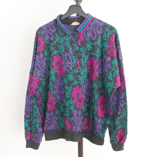 W241 80s Vintage SEASONTICKET рубашка-поло с длинным рукавом USA производства #1980 годы производства надпись L размер женский многоцветный цветок б/у одежда American Casual 70s