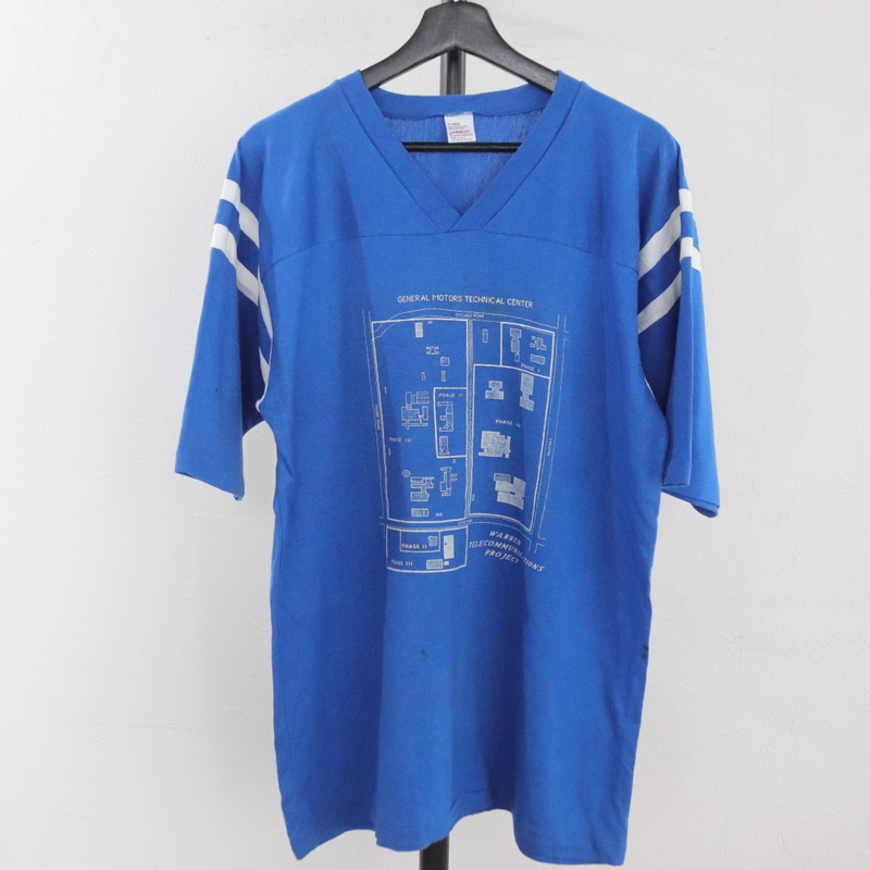 D291 90sビンテージ HANCO アートプリントTシャツ■1990年代製 表記XLサイズ USA製 ブルー Vネック アメカジ 古着 古着卸 80s_画像1