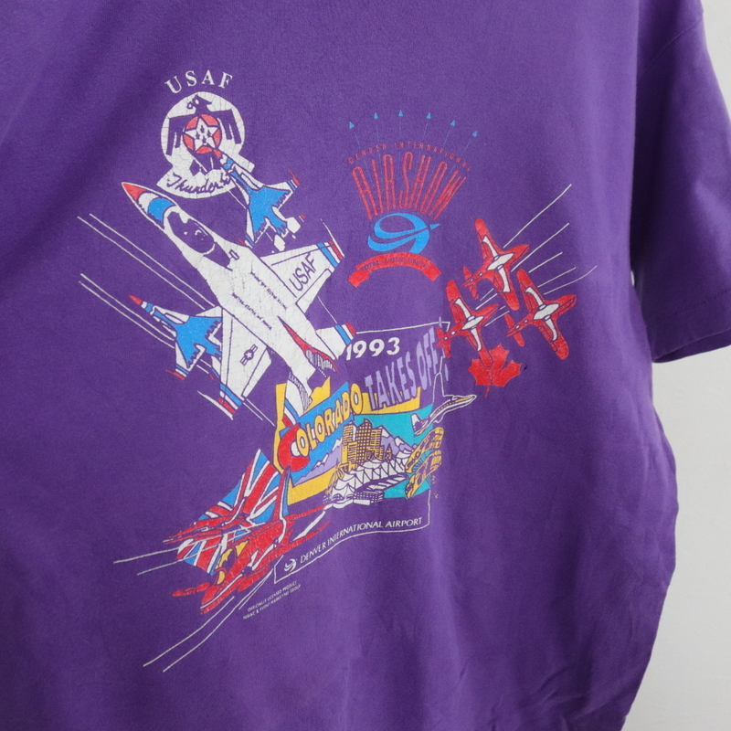 F413 90sビンテージ プリント 半袖Tシャツ■1990年代製 Lサイズくらい パープル エアフォース AIR FORCE ミリタリー 古着 アメカジ 80sの画像5