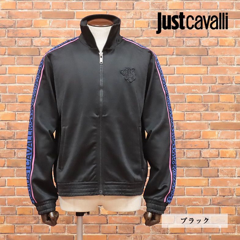 1円/Just cavalli/Mサイズ/トラックジャケット ジャージー伸縮 ヒョウ柄ライン トラ ワッペン スポーティー 新品/黒/ブラック/id212/_画像1