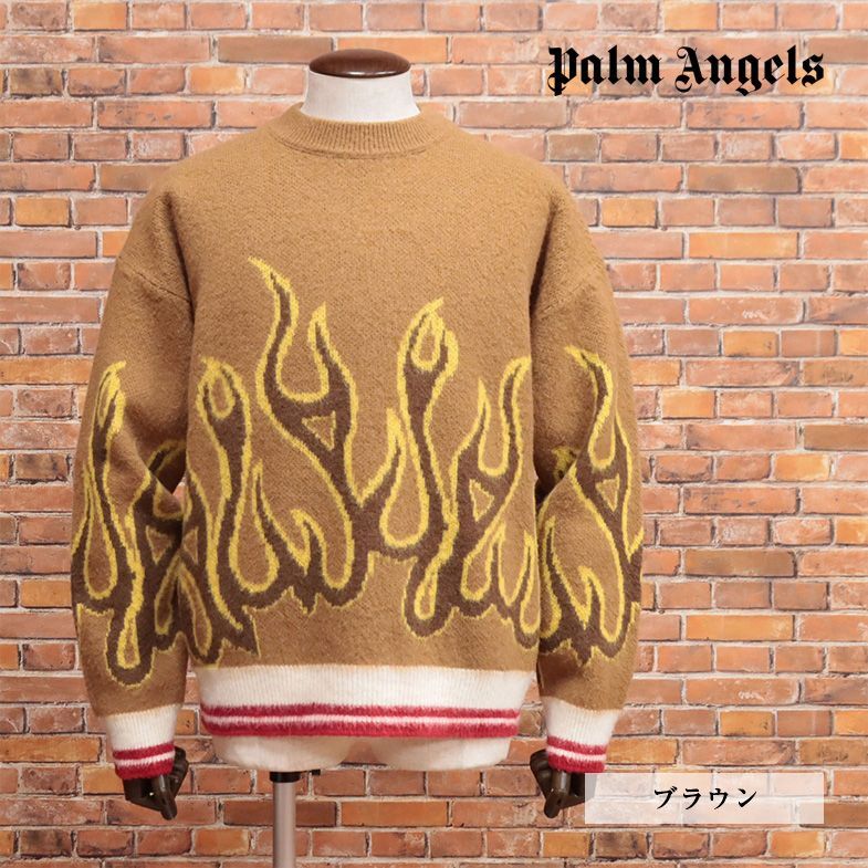 1円/秋冬/Palm Angels/Mサイズ/イタリー製 丸首ニット PMHE043F22KNI00 ファイヤー柄 セーター 新品/茶色/ブラウン/ib404/_画像1