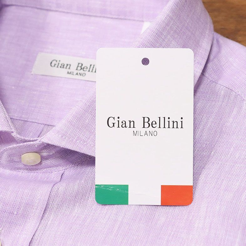 1円/春夏/Gian Bellini/Lサイズ/イタリー製シャツ 清涼 リネン 涼しい 無地 カッタウェイ 胸ポケット 長袖 新品/紫/パープル/gd118/_画像5