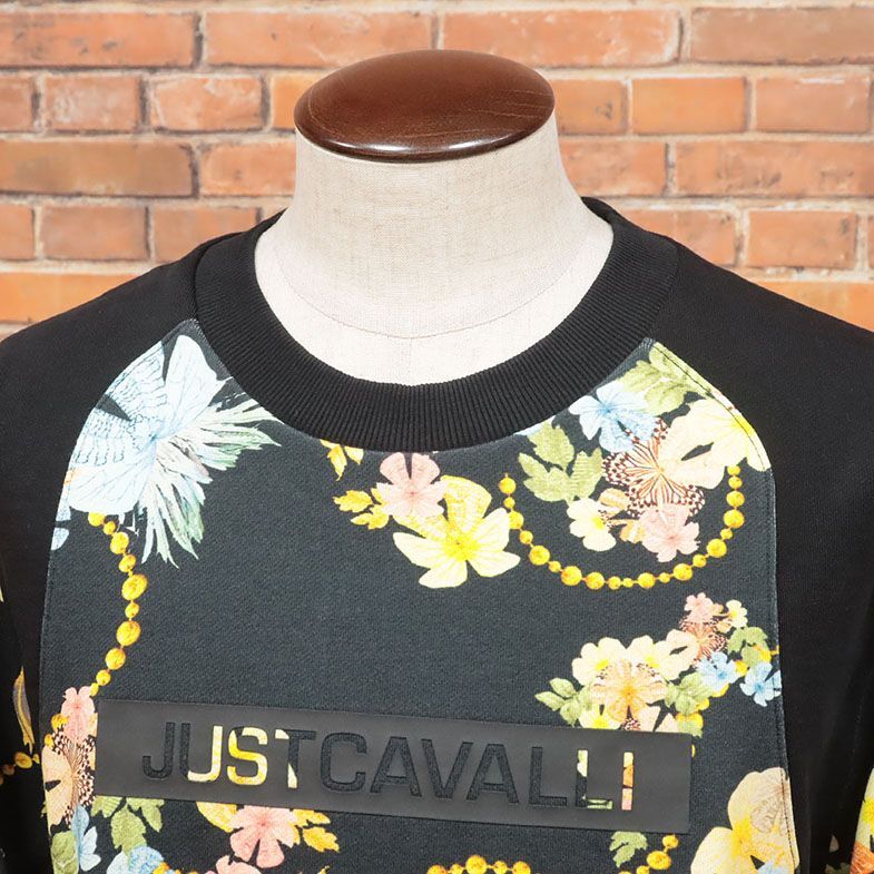 1円/Just cavalli/XXLサイズ/丸首トレーナー スウェット快適◎ 花柄 ロゴ レタード レトロ ストリート 新品/黒/ブラック/id223/_画像3