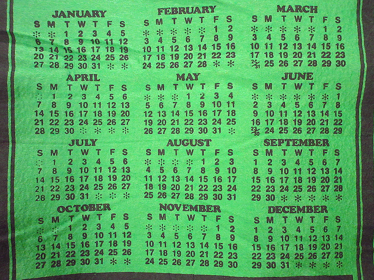ビンテージ70's●WOODSTOCK 1974年フェルトバナーカレンダー緑●240325i7-signウッドストックピーナッツスヌーピーサインタペストリー