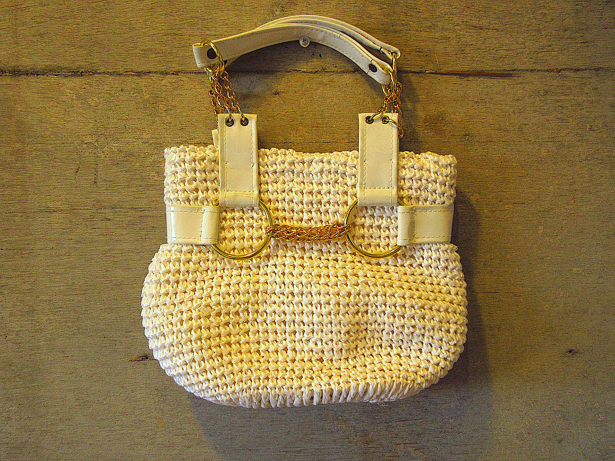  Vintage 70*s*biniru вязаный ручная сумочка белый *240327k5-bag-hnd 1970s retro женский портфель б/у одежда 