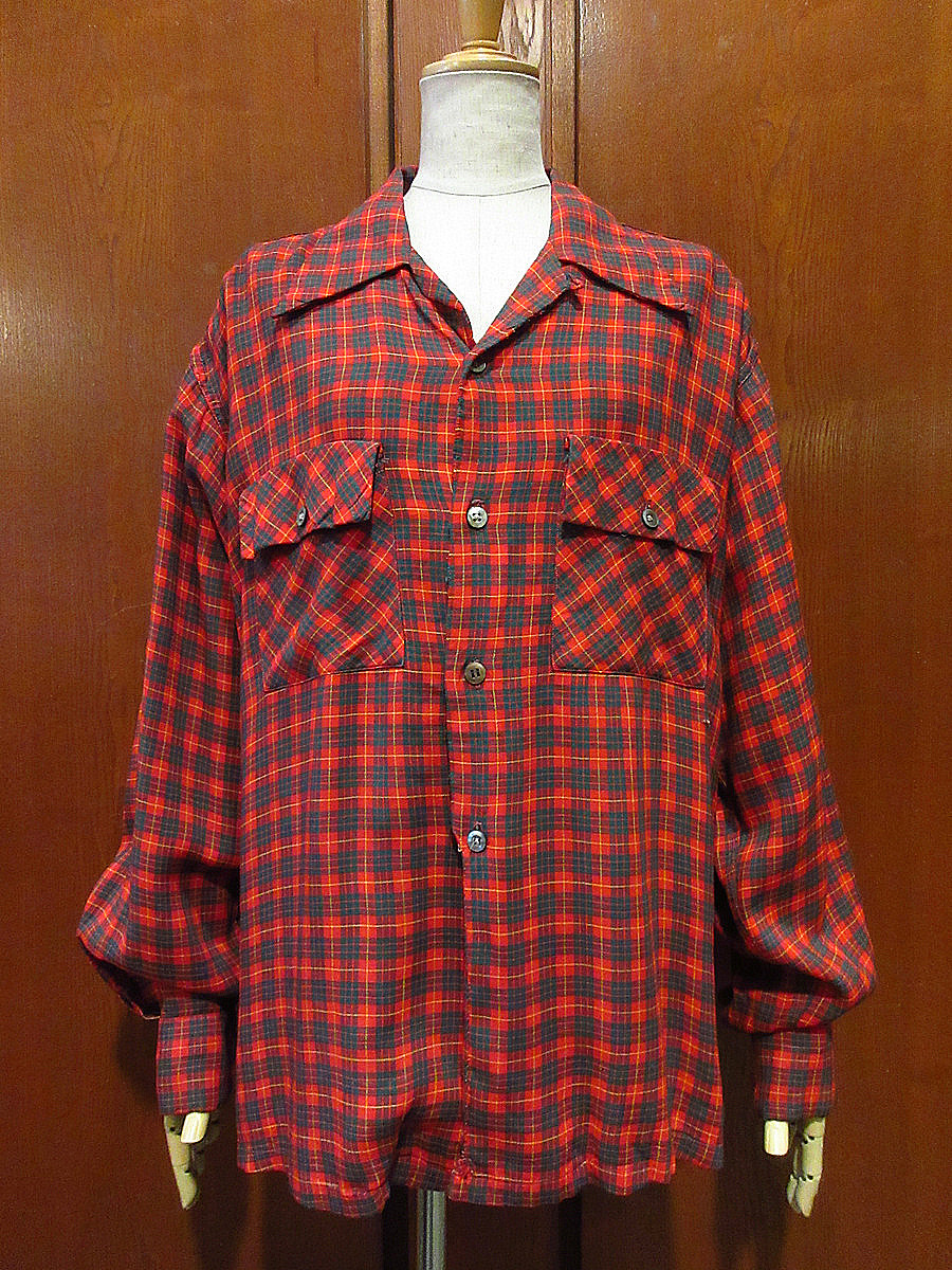 ビンテージ40's50's●Mark Twainタータンチェックレーヨンループカラーシャツ赤size L●240314i3-m-lssh-lp長袖ボックスオープンカラー開襟