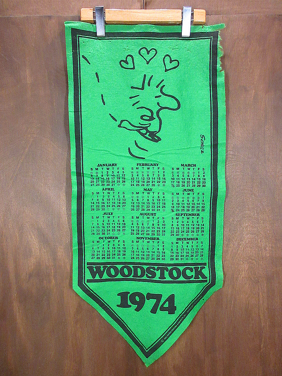 ビンテージ70\'s●WOODSTOCK 1974年フェルトバナーカレンダー緑●240325i7-signウッドストックピーナッツスヌーピーサインタペストリー