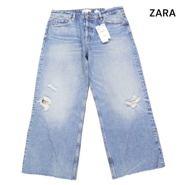 【新品 未使用】 ZARA ザラ 現行タグ★ クラッシュ グランジ加工♪ ワイド デニム パンツ ジーンズ Sz.30　レディース　K4B00012_1#R_画像1