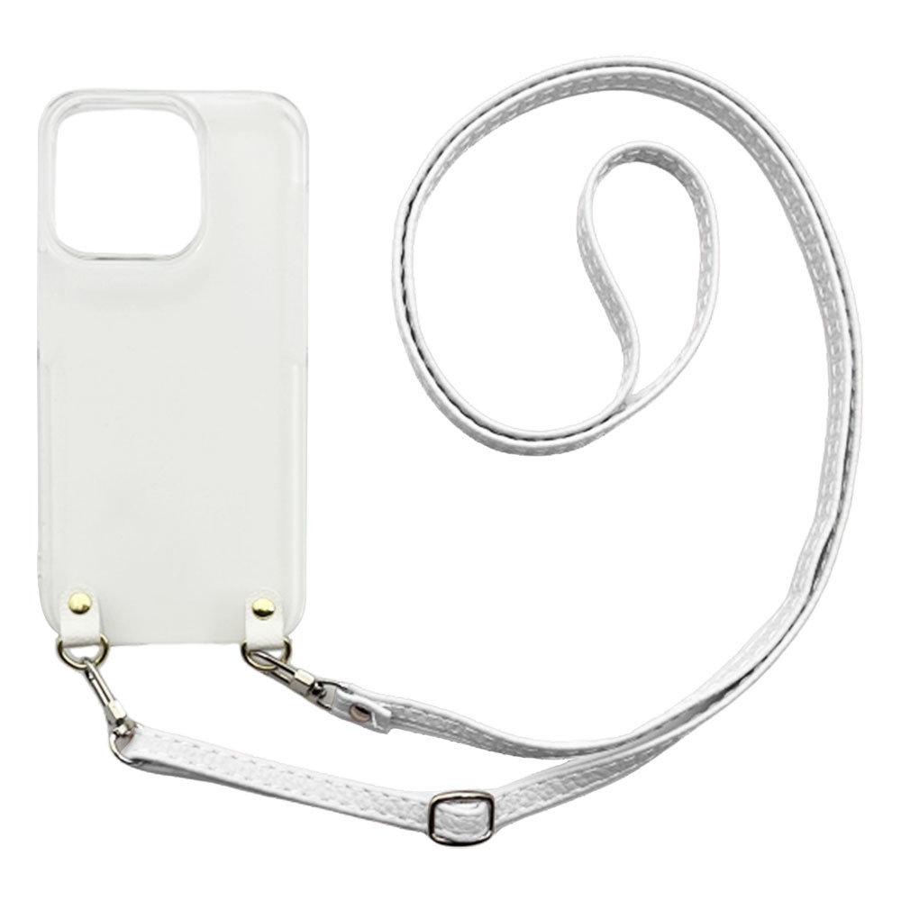 iPhone14 Plus（ホワイト）ストラップホルダー クリアケース ショルダー くすみカラー 肩掛け 斜めがけ_画像1