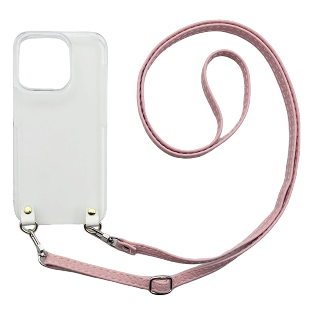 iPhone14（ピンク）ストラップホルダー クリアケース ショルダー くすみカラー 肩掛け 斜めがけ_画像1