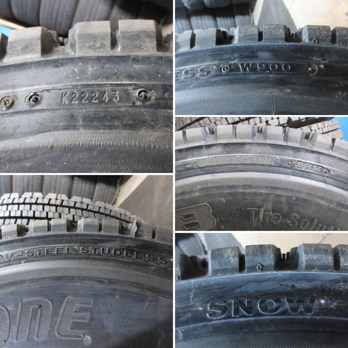 再生タイヤ スタッドレスタイヤ BRIDGESTONE W900 11R22.5 14PR 6本 №06988 室内保管 トラックタイヤ 冬用_画像9