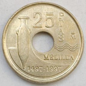 海外コイン　スペイン　25ペセタ記念硬貨④ 穴　1997年_画像1
