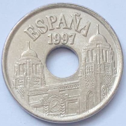 海外コイン　スペイン　25ペセタ記念硬貨④ 穴　1997年_画像2