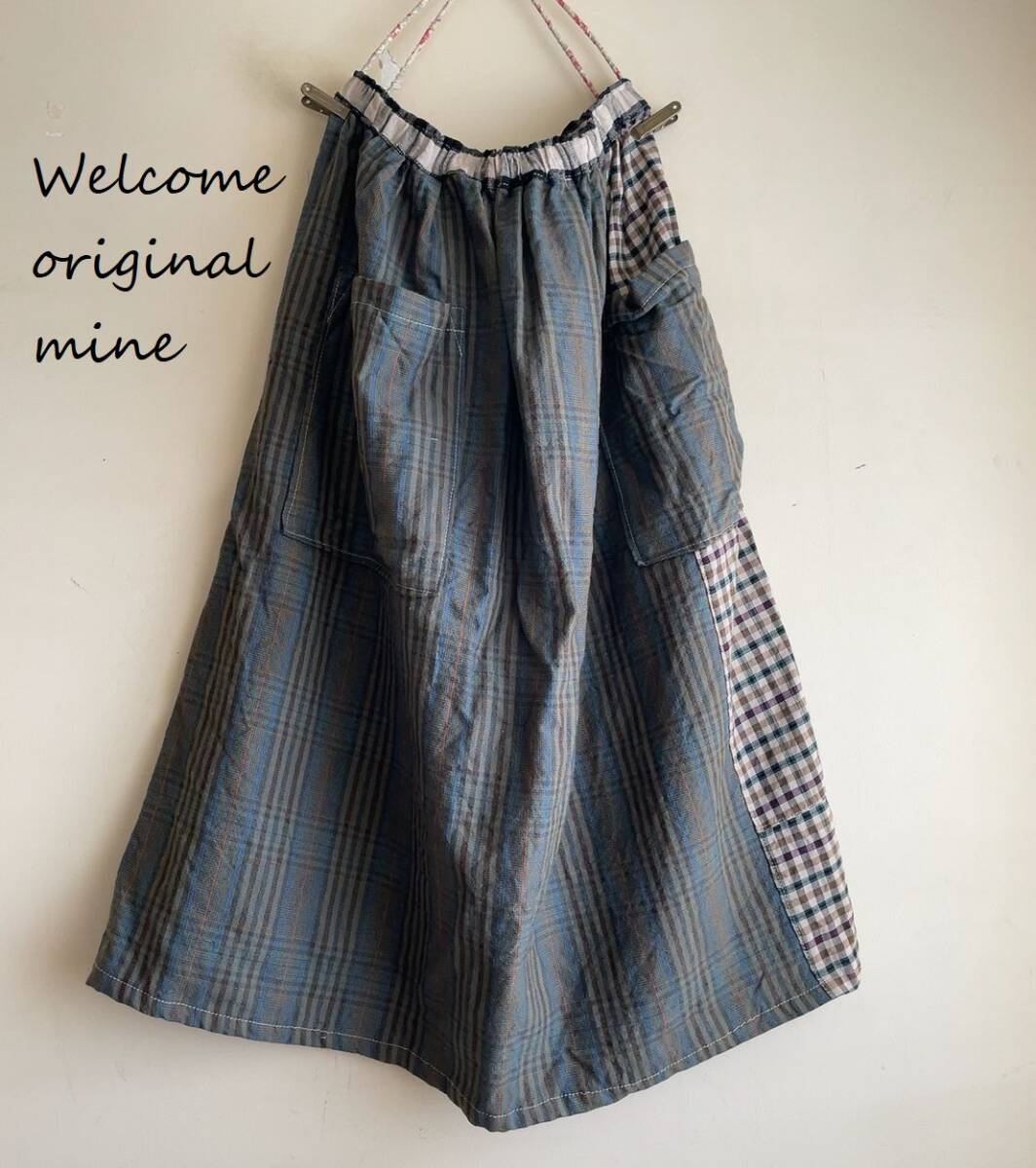  X-12　綿麻チェック2種の切替ギャザースカート handmade_画像1