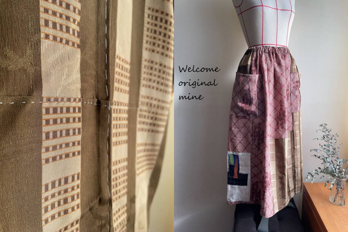  U-6 正絹古着物パッチ切替トップスとアップリケ付ギャザースカートのセットアップ handmadeの画像9
