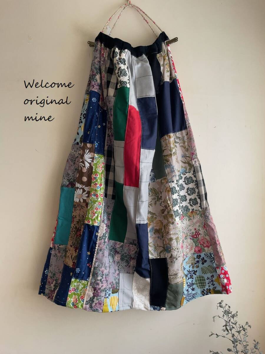 S-16　cotton＆綿麻＆起毛コットン&リネンetc花・チェックパッチスカート handmade_画像3