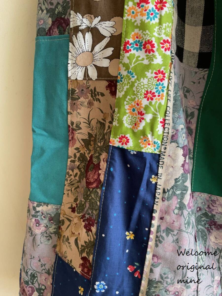 S-16　cotton＆綿麻＆起毛コットン&リネンetc花・チェックパッチスカート handmade_画像4