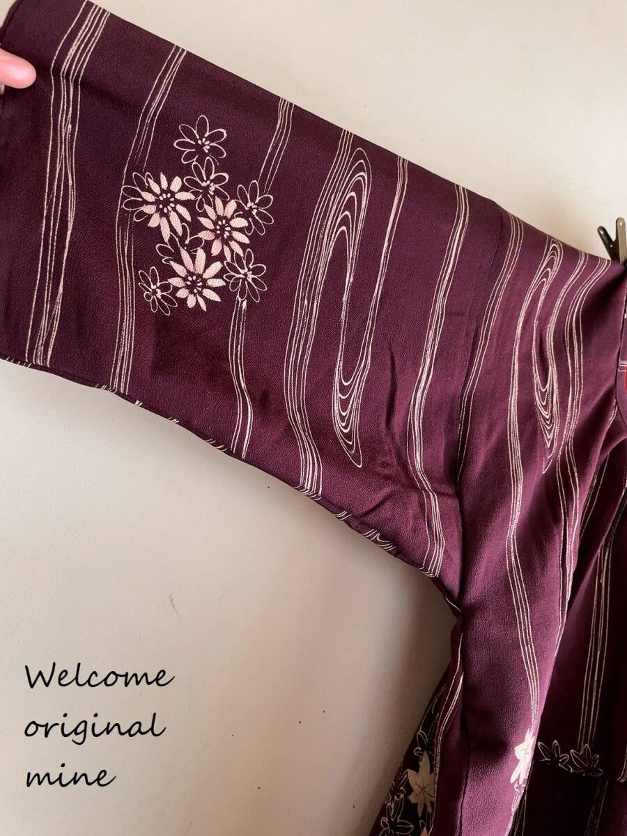  X-7　正絹古代紫波線に花柄裏地付きOp＋スカーフ付き handmade_画像5