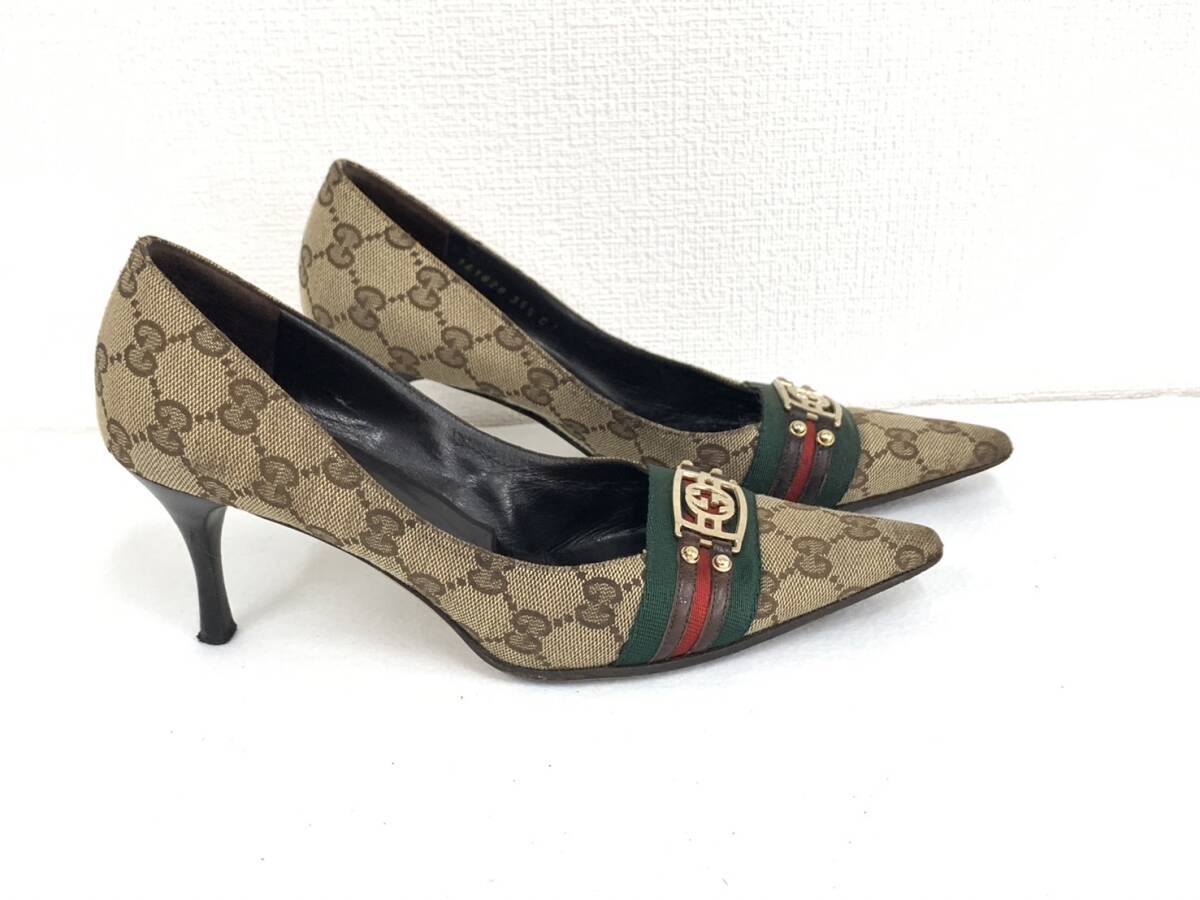 【D203】GUCCI グッチ GG シェリーライン パンプス ヒール 35 1/2 C 約23.0㎝ ゴールド金具 緑×赤♪_画像2