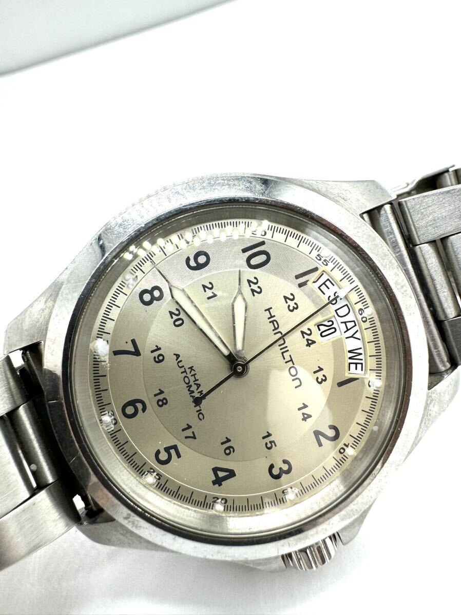 ハミルトン AT/自動巻 H644550 カーキ デイデイト 純正尾錠 シルバー文字盤 非稼働 メンズ腕時計 の画像1