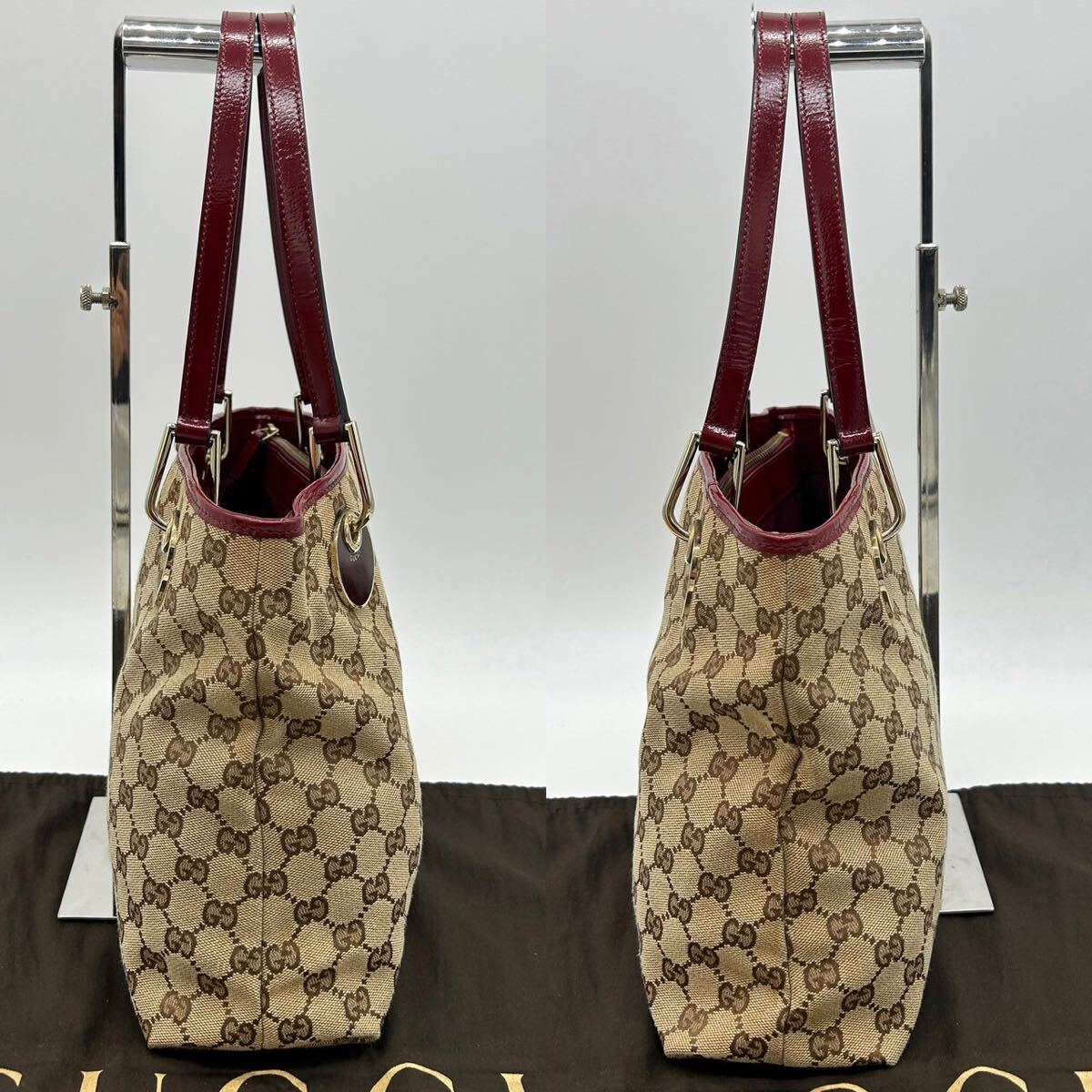 【極美品】グッチ GUCCI トートバッグ GG キャンバス ジャガード ゴールド金具 ロゴ刻印 ワンショルダー 肩掛け ベージュ ボルドー_画像5