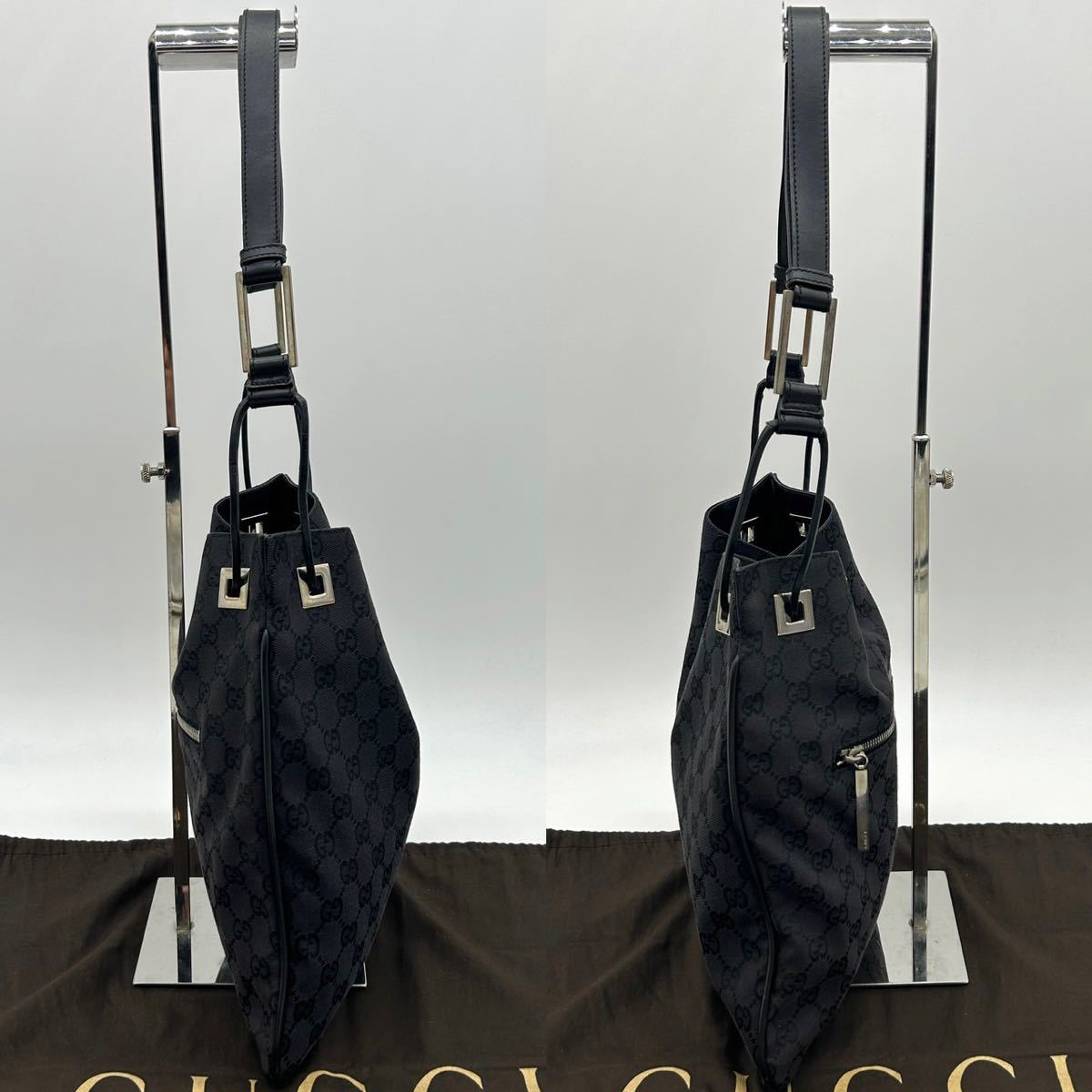 1円〜【美品】グッチ GUCCI 巾着 トートバッグ ショルダーバッグ GGキャンバス レザー ジャガード ブラック 黒 肩掛け 001 4021 3444の画像4