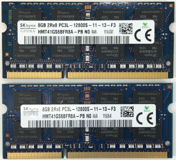 【8GB×2枚組】低電圧版 SKhynix PC3L-12800S 2R×8 DDR3L-1600 計16GB 中古メモリー ノート用 DDR3L 動作保証【送料無料】_画像2