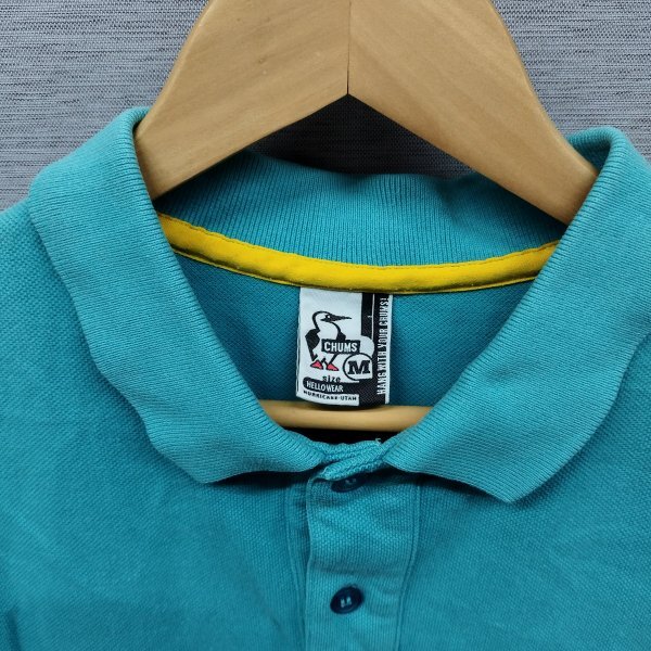 C96 CHUMS チャムス 定番 スタンドカラー 鹿の子 ポロシャツ半袖 ポロシャツ ロゴ 刺繍 アウトドア メンズ ブルー系 サイズ M_画像2