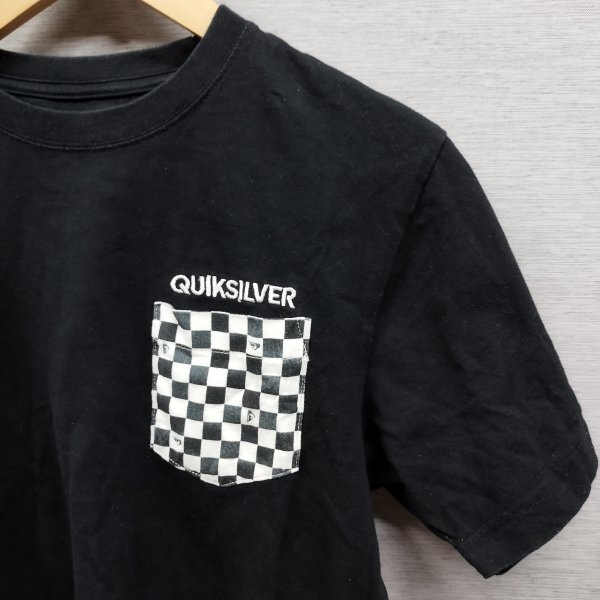 C682 Quiksilver クイックシルバー Tシャツ 半袖 カットソー 胸ポケット ブロックチェック ロゴ 刺繍 ブラック メンズ サイズ M_画像3