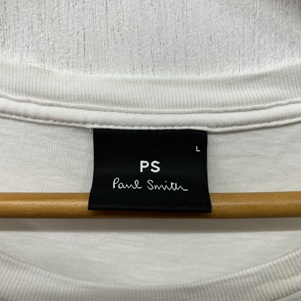 C717 PS PAUL SMITH ポールスミス 刺繍 Tシャツ ホワイト クルーネック ピースマーク コットン 半袖 メンズ サイズ L カジュアル 古着_画像6