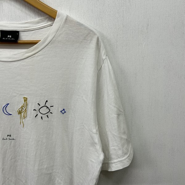 C717 PS PAUL SMITH ポールスミス 刺繍 Tシャツ ホワイト クルーネック ピースマーク コットン 半袖 メンズ サイズ L カジュアル 古着_画像3