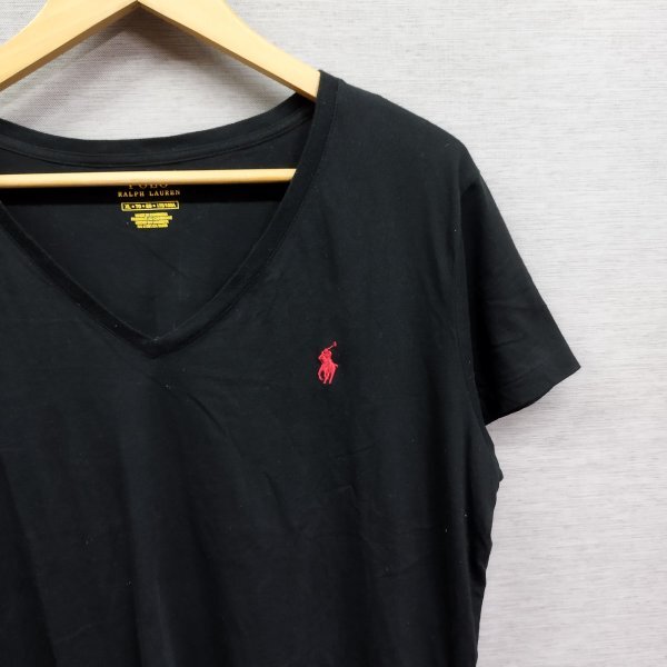 Z605 POLO RALPH LAUREN ポロ ラルフローレン レディース Tシャツ 半袖 カットソー ブラック 無地 ワンポイント Vネック サイズ XL 古着_画像4