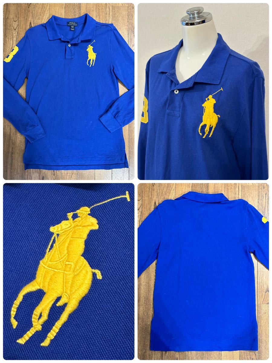 名作 本物 POLO RALPH LAUREN ポロ ラルフローレン 長袖 ポロシャツ カットソー L (14-16) 160/80 キッズ ジュニア レディース ブルー_画像2