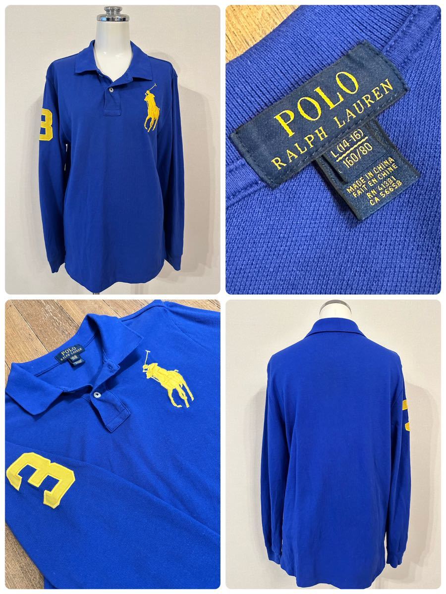 名作 本物 POLO RALPH LAUREN ポロ ラルフローレン 長袖 ポロシャツ カットソー L (14-16) 160/80 キッズ ジュニア レディース ブルー