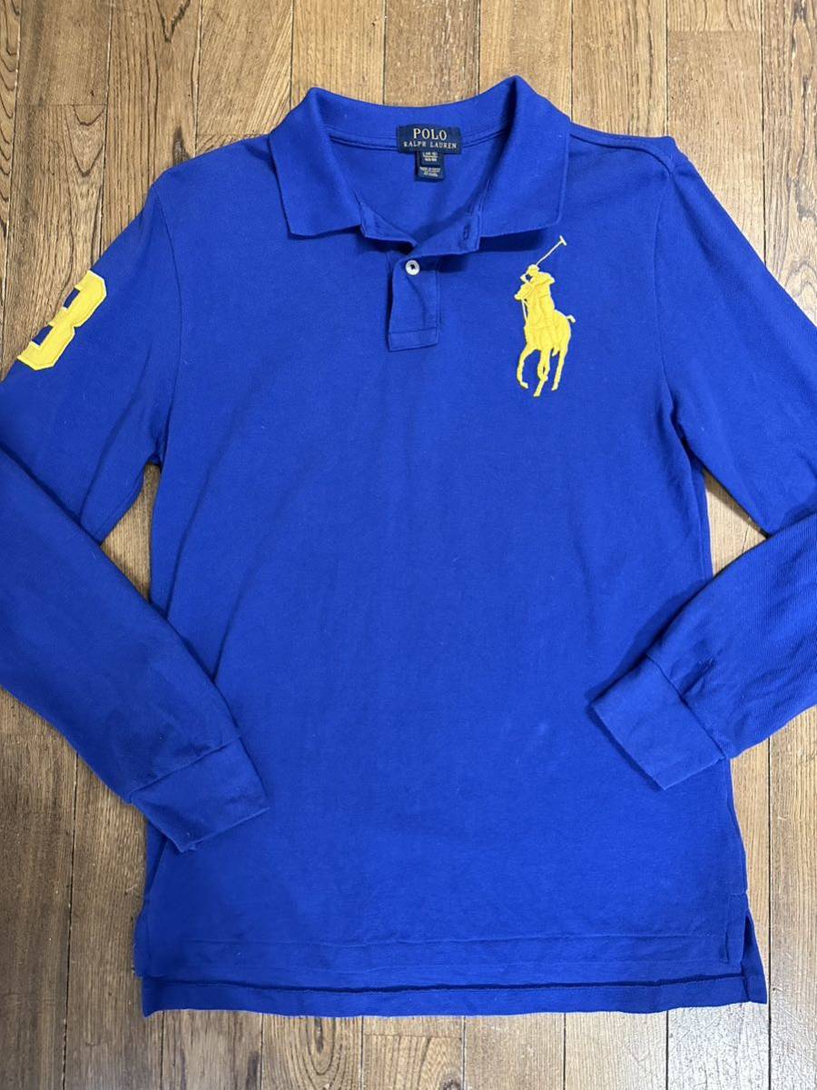 名作 本物 POLO RALPH LAUREN ポロ ラルフローレン 長袖 ポロシャツ カットソー L (14-16) 160/80 キッズ ジュニア レディース ブルー_画像3