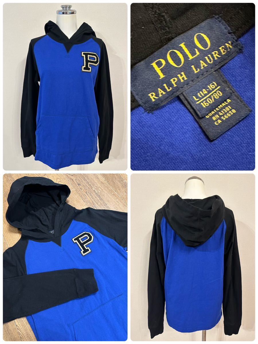 本物 POLO RALPH LAUREN ポロ ラルフローレン フード付き 長袖 Tシャツ カットソー パーカー L (14-16) 160/80 キッズ ジュニア レディース