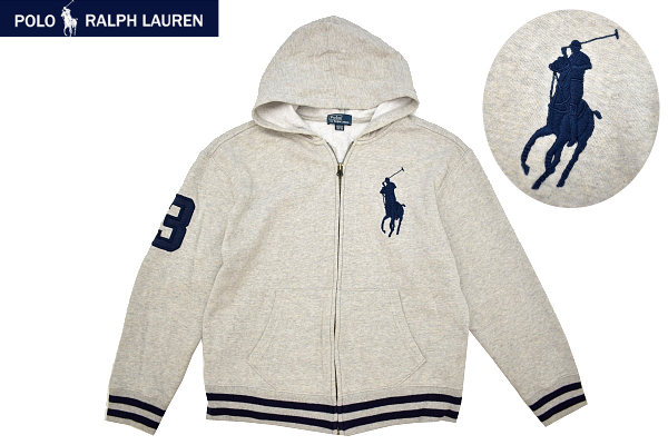 Y-7186★美品★Polo by Ralph Lauren ポロ ラルフローレン★ 正規品 秋冬 裏起毛 ビッグポニー グレー フルジップ パーカー M 10-12 150cm_画像1