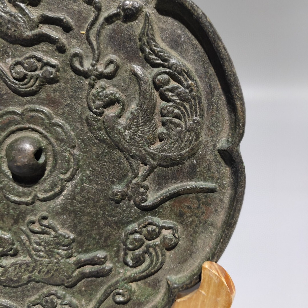 『戦・青銅器彫・飛獣銅鏡』極細工 置物古賞物 中国古玩 中国古美術_画像9
