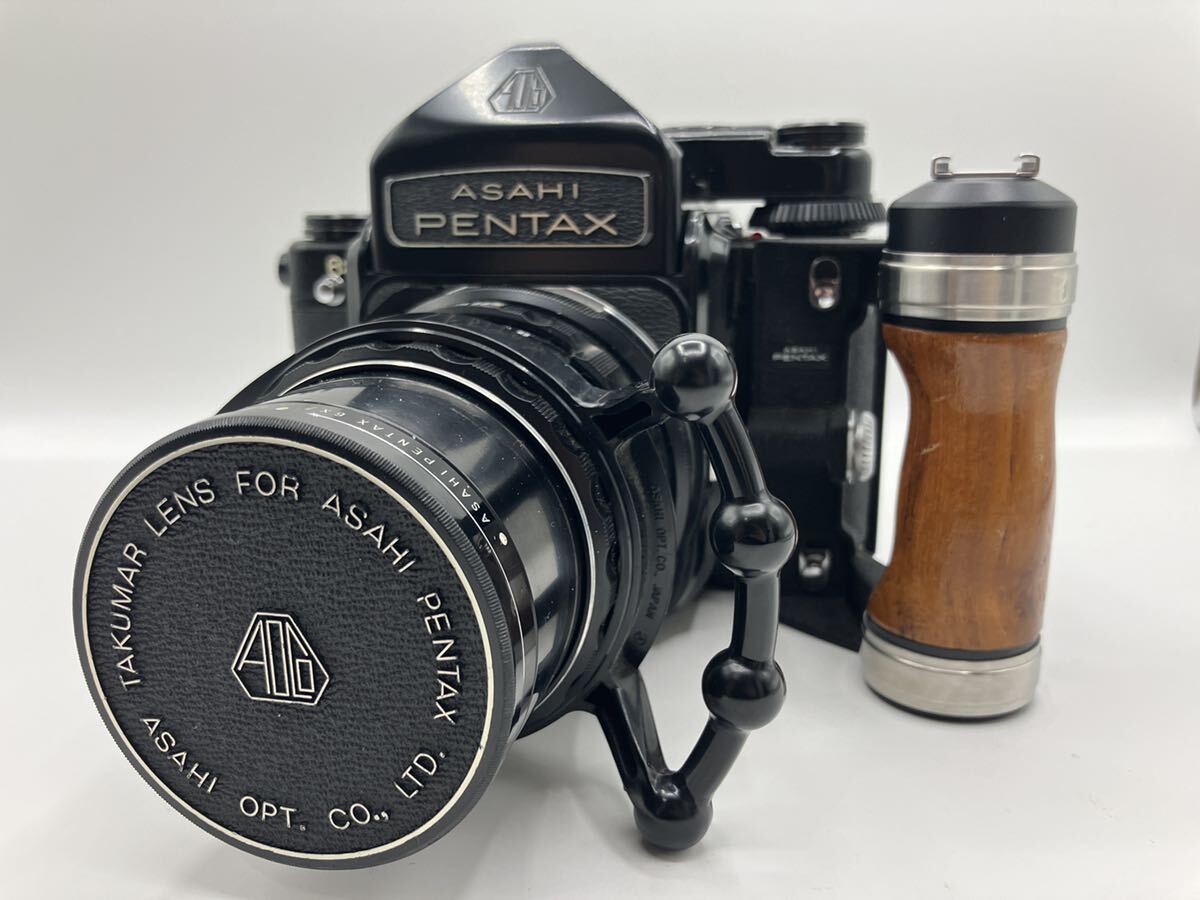 240305153003 ASAHI PENTAX アサヒペンタックス 6×7 中判フィルムカメラ ピントフード ウッドグリップ TAKUMAR/6×7 1:2.8/150 中古